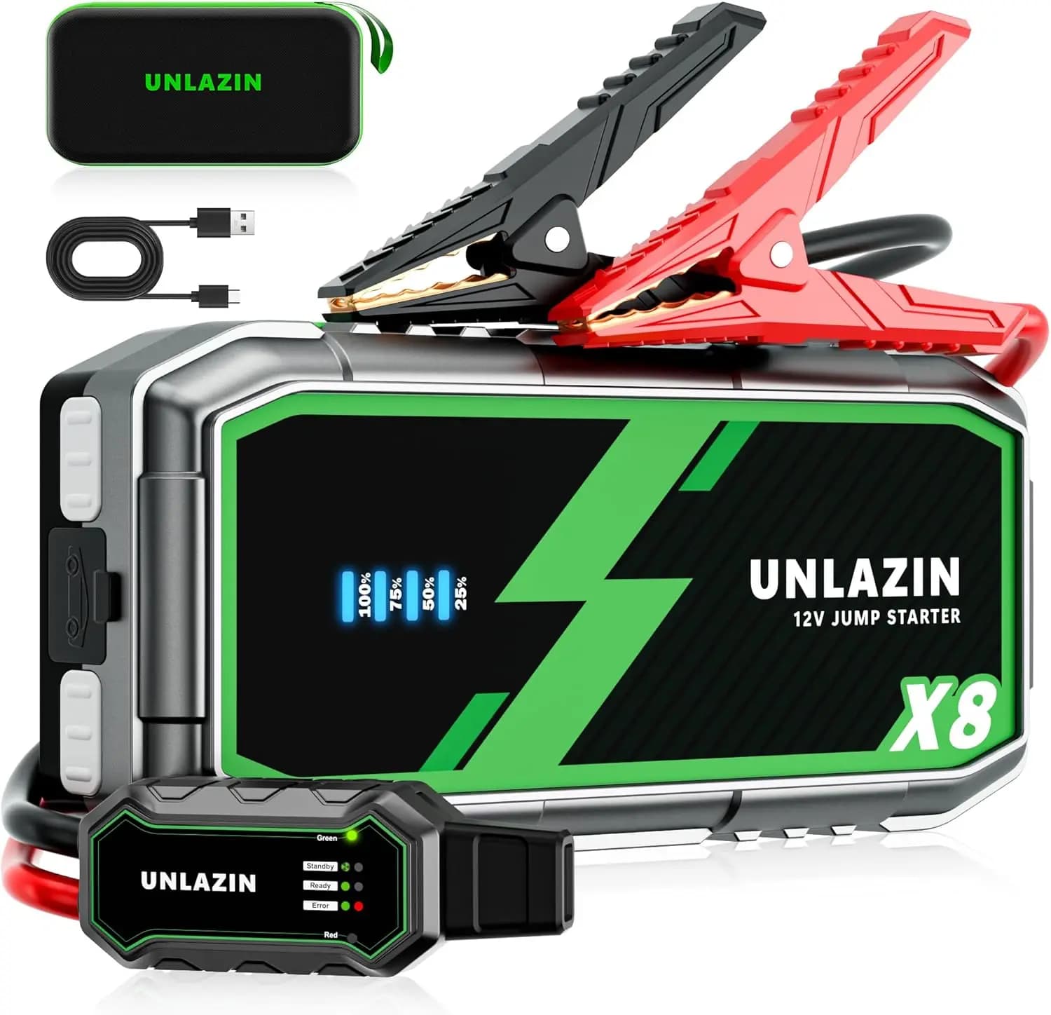X8 Jump Starter 8000A, booster per auto portatile 12V con QC3.0 e luce LED