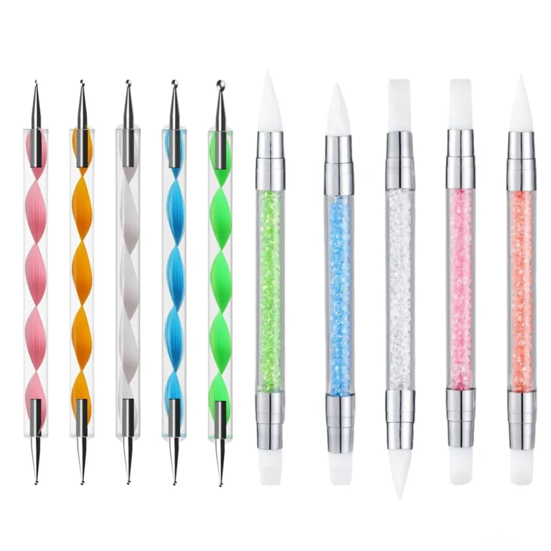 10 pezzi di pennelli professionali per nail art in silicone a doppia punta con strass e kit di strumenti per punteggiare per intaglio di fogli di resina, disegno, modellatura
