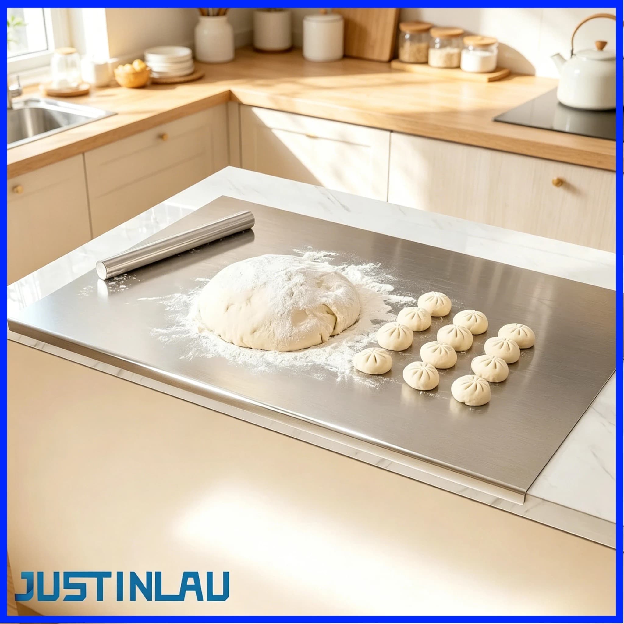 JUSTINLAU Tagliere Pieghevole Singolo in Acciaio Inossidabile, Pannello Multifunzionale per Impastare, Tagliere Antiscivolo
