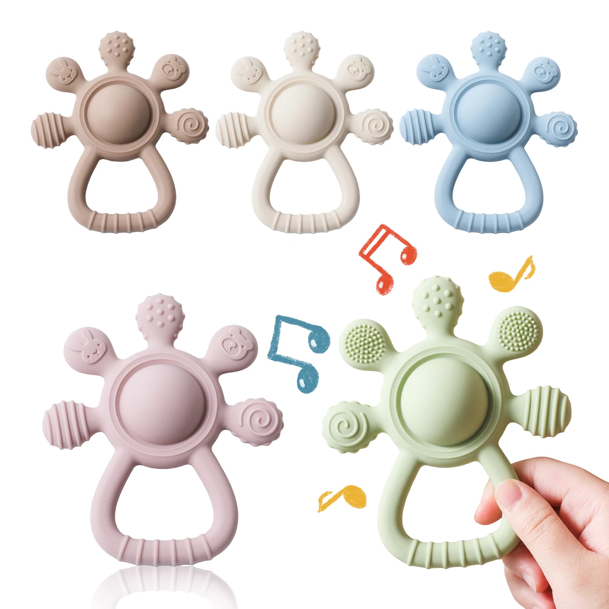 Food Grade Baby 0-12 Toys Silicone Teether BPA Free Teething Rattle Sensory Toys for Toddlers Silicone Hand Bell Soothing Toys