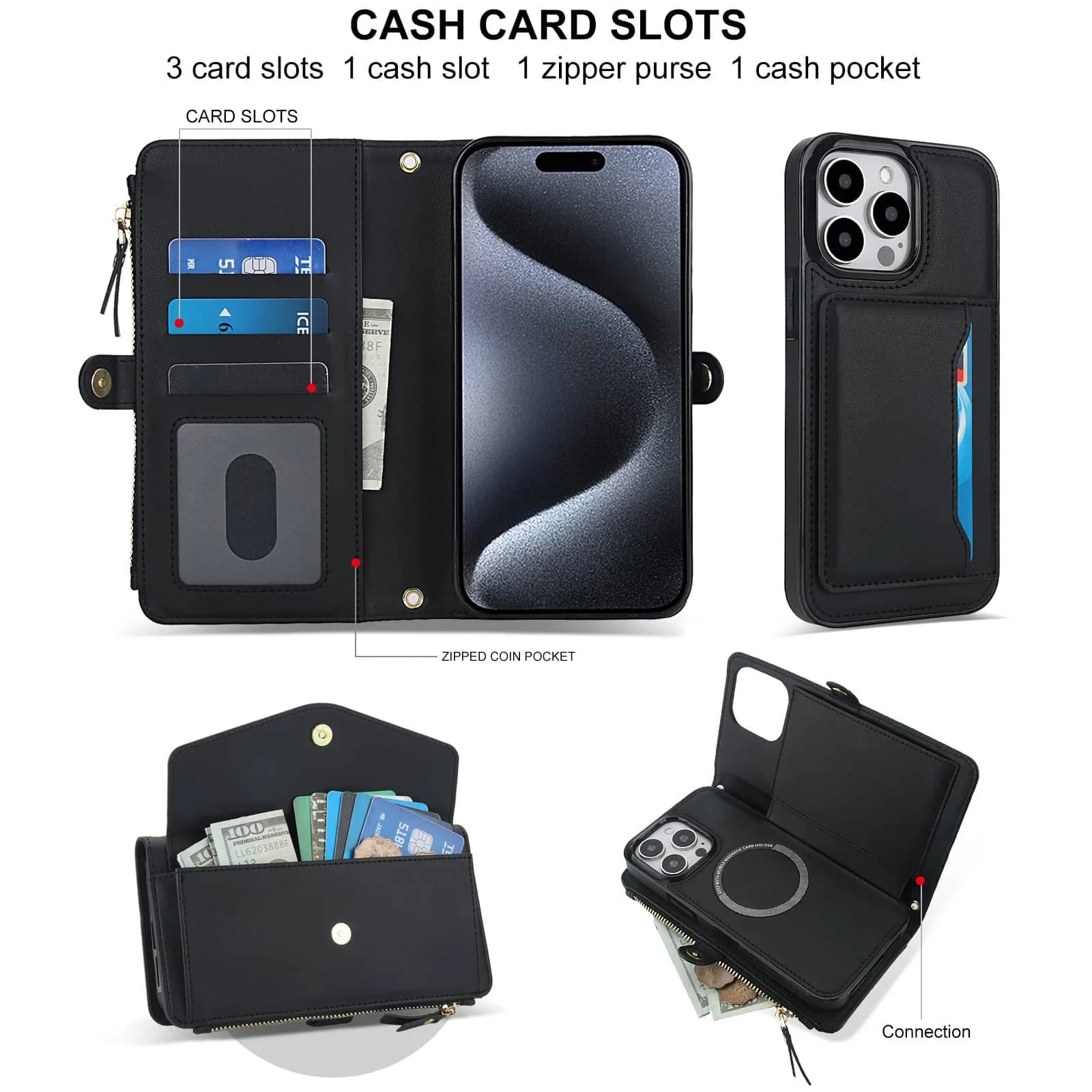 Custodia a Portafoglio per iPhone 16e/16 Pro Max, Supporto Ricarica Wireless con Blocco RFID, Porta Carte Magnetico Rimovibile