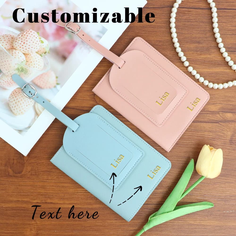 Set Personalizzato di 2 Porta Passaporto e Etichette per Bagagli in Pelle PU Liscia alla Moda, Porta Biglietti e Passaporto Personalizzabile, Borsa da Viaggio