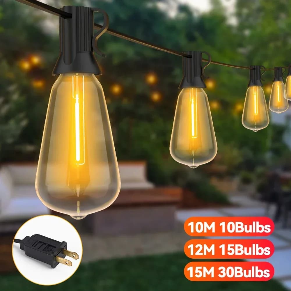 Luci a Stringa LED ST38 da 10m 15m, IP65 per Esterni, Ghirlanda Luminosa per Natale, Strada, Giardino, Matrimoni, Caffè, Decorazione Cortile