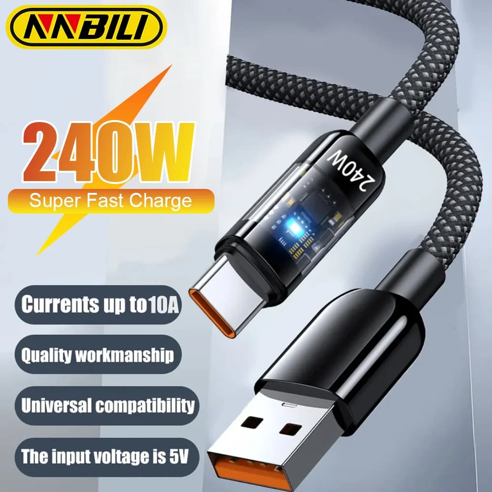 NNBILI Cavo USB tipo C a ricarica super veloce da 240 W per Samsung Xiaomi Huawei OPPO LED Caricatore per telefono Cavo dati Accessorio per telefono