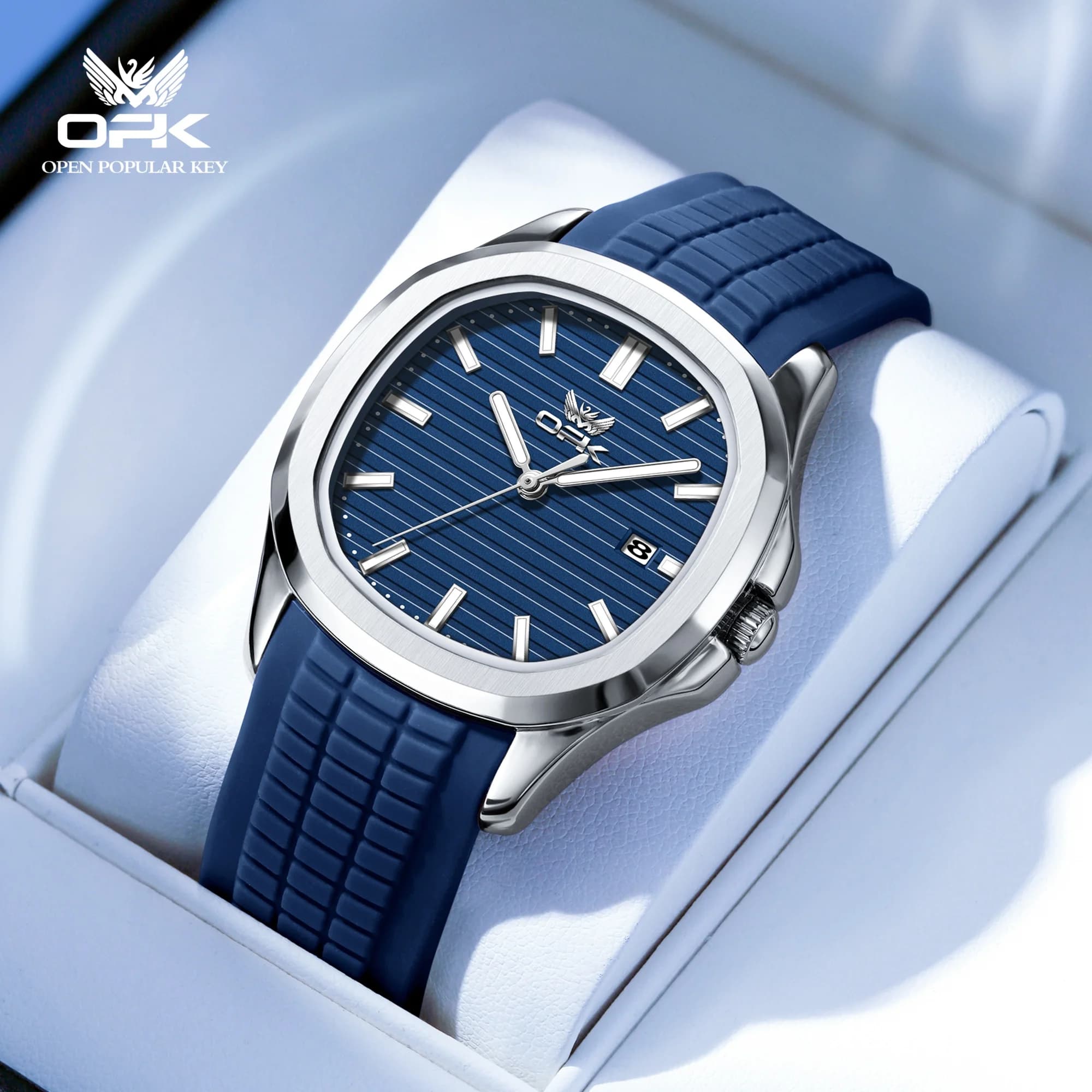 OPK 6095 Orologio con movimento al quarzo originale, stile moderno, quadrante rotondo, cinturino in silicone, luce notturna HD, orologio impermeabile da 30 m per uomo