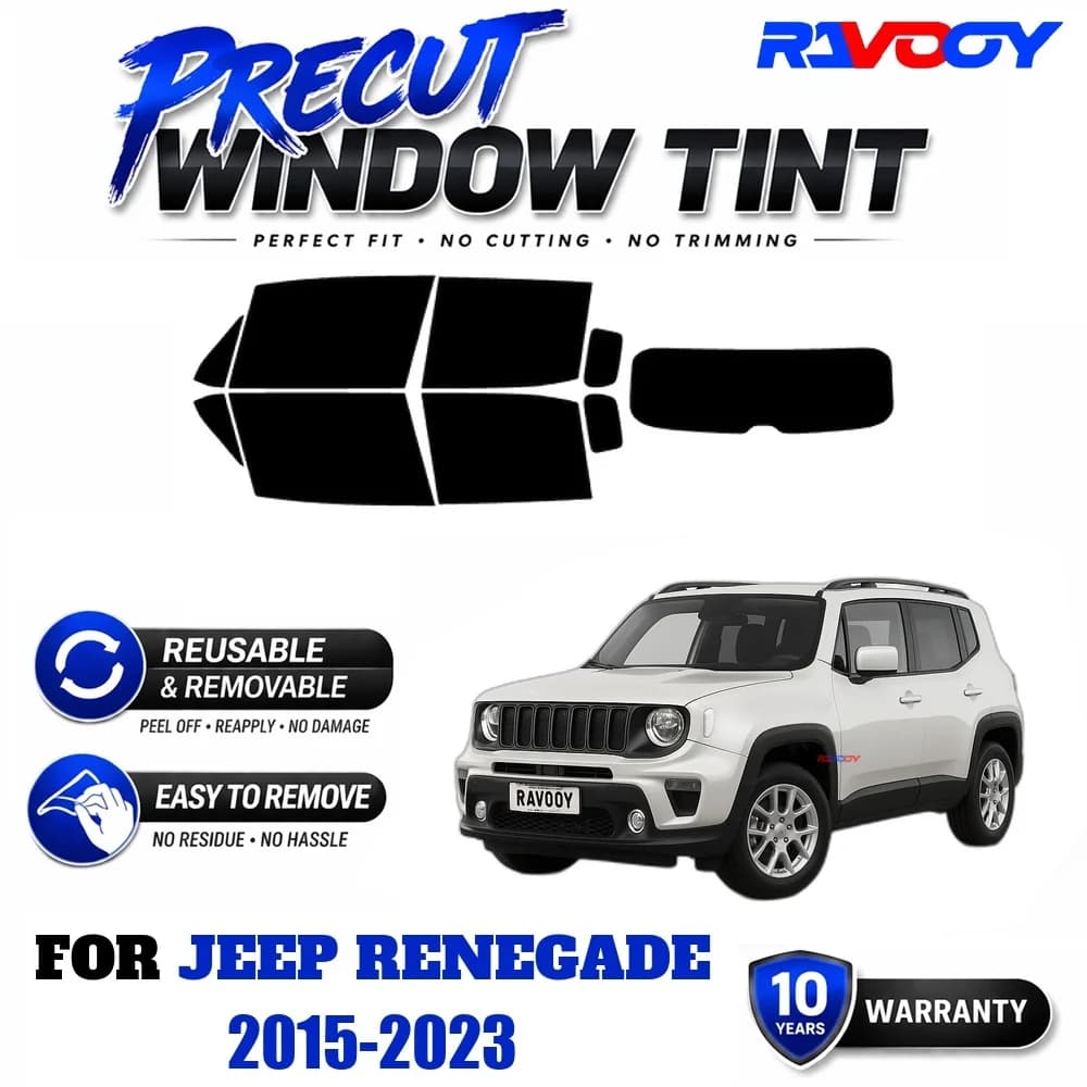 RAVOOY Precut Window Tint, Reusable Removable EPU Film, Custom Fit for Jeep Renegade 2015-2023, UV Heat Protection