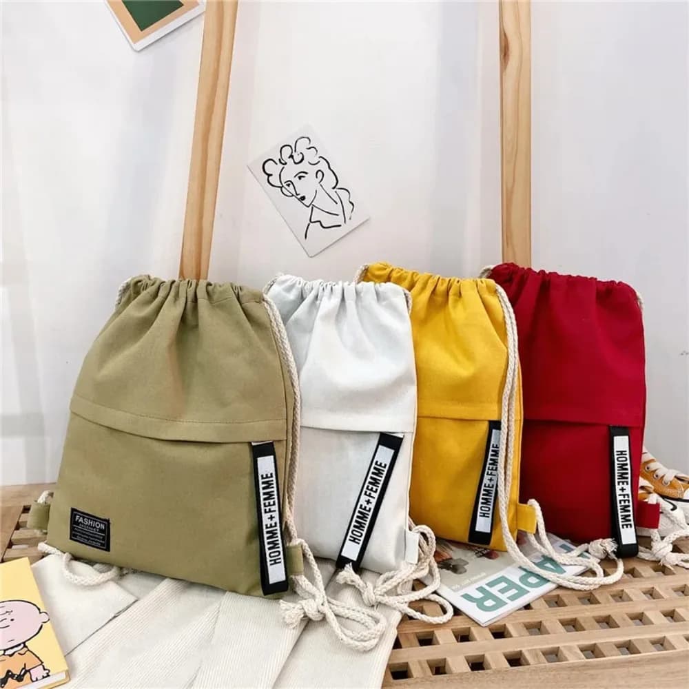 Borsa in tela per studenti Zaino stile coulisse Borsa in stoffa semplice tinta unita Borsa casual tascabile per uomo e donna portatile