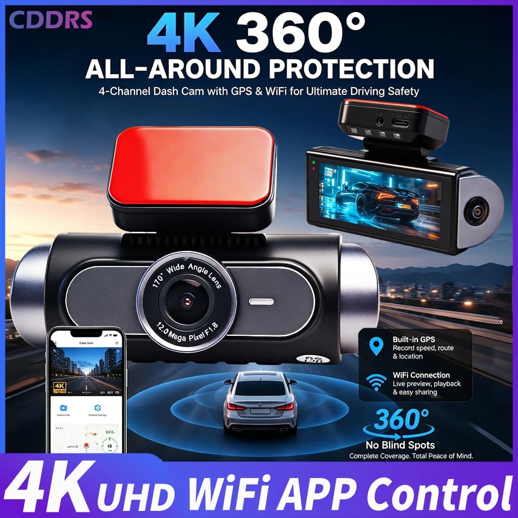 4K 4-CHs Dash Cam WiFi GPS, Front Rear Left Right Car Video Recorder, 24H Parking Monitoring Night Vision Dashcam supercapacitor