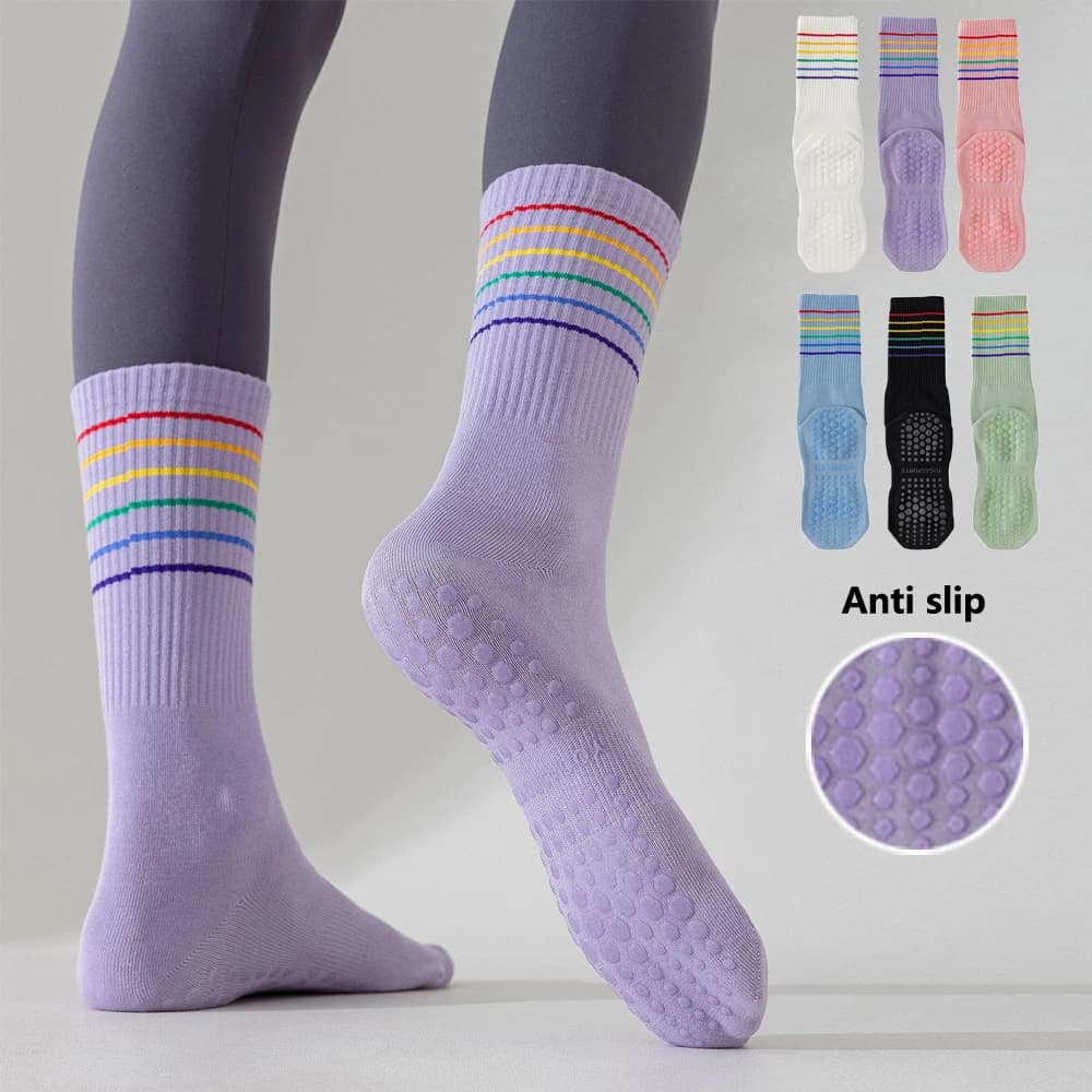 Calzini per yoga pilates a strisce colorate da donna Calzini antiscivolo per esercizi aerobici sportivi al polpaccio