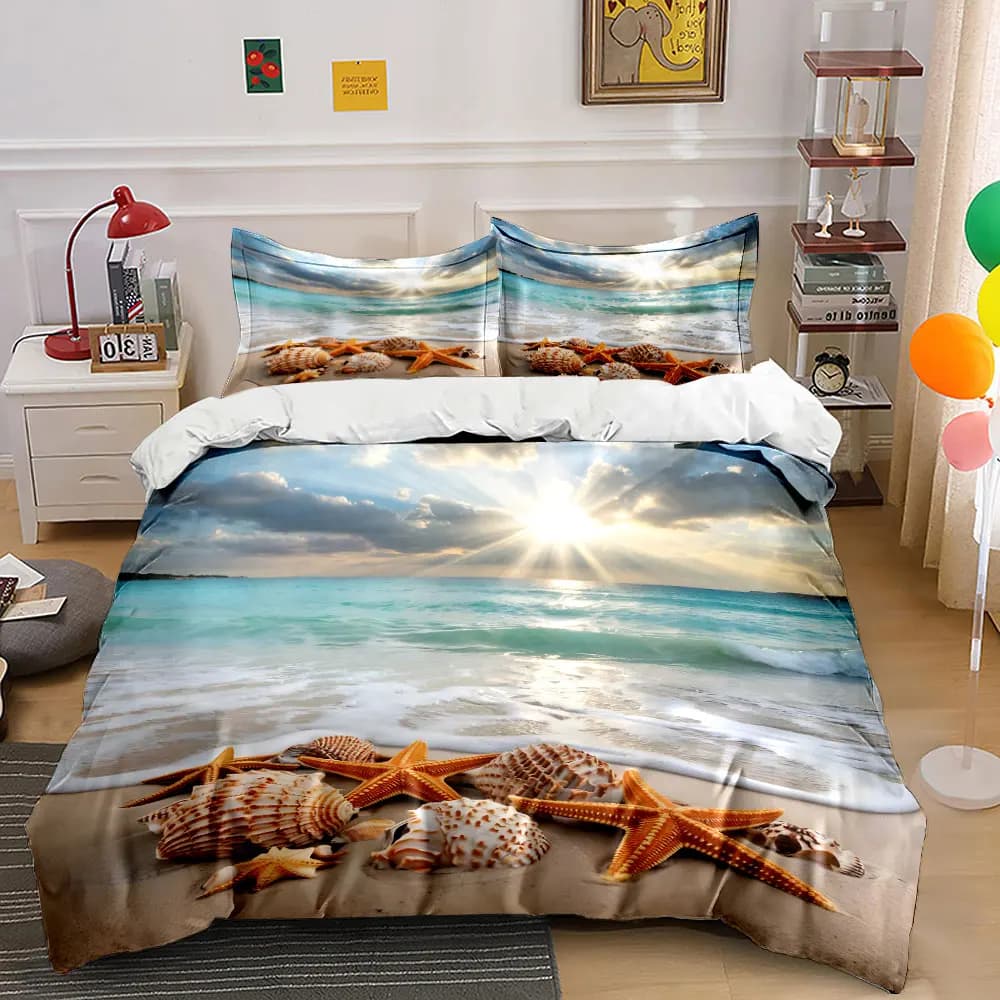 Set copripiumino stampato Beach Sunshine and Shell Serenity, 1 copripiumino + 2 federe, decorazioni per la camera da letto in diverse misure