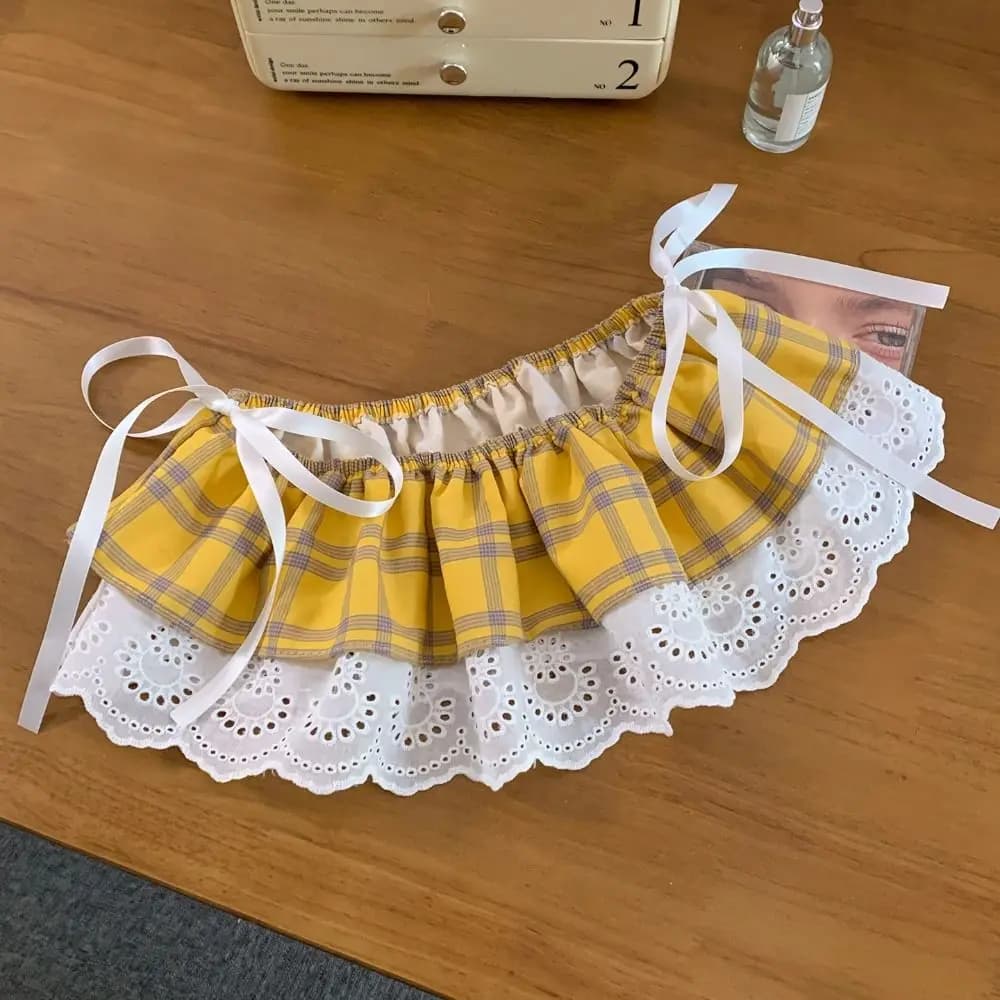 Fashion Balletcore Plaid Fart Curtain Lace Up Korean Style Ruffle Short Skirts White Embroidery Butt Curtain Women