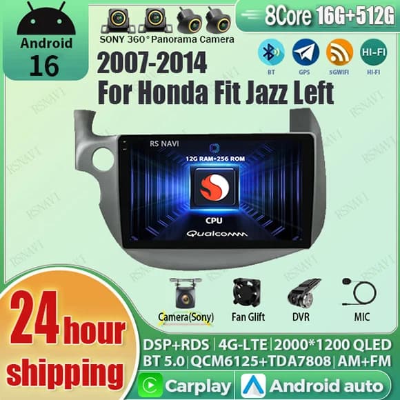 Android 15 Wireless Carplay Auto Autoradio Per Honda Fit Jazz 2007 - 2013 Navigazione GPS Lettore Multimediale Stereo WIFI + 4G BT LHD