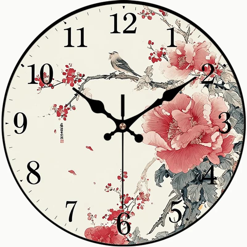 Orologio da parete in legno in stile classico cinese, 1 pezzo, con fiori che sbocciano e uccelli che cantano, orologio rotondo silenzioso