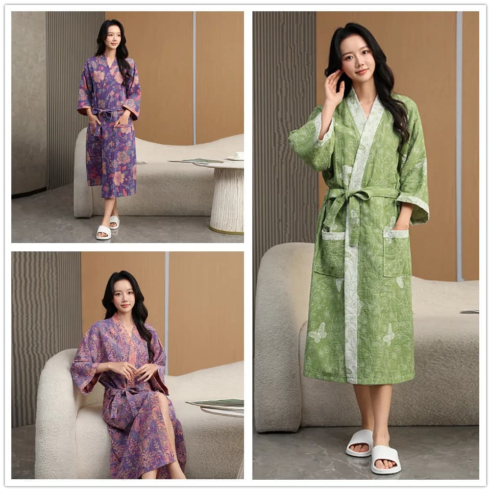 Spring Summer Cotton Double Layers Gauze Bathrobe Thin Home Clothing Japanese Style Kimono Robe Pajama