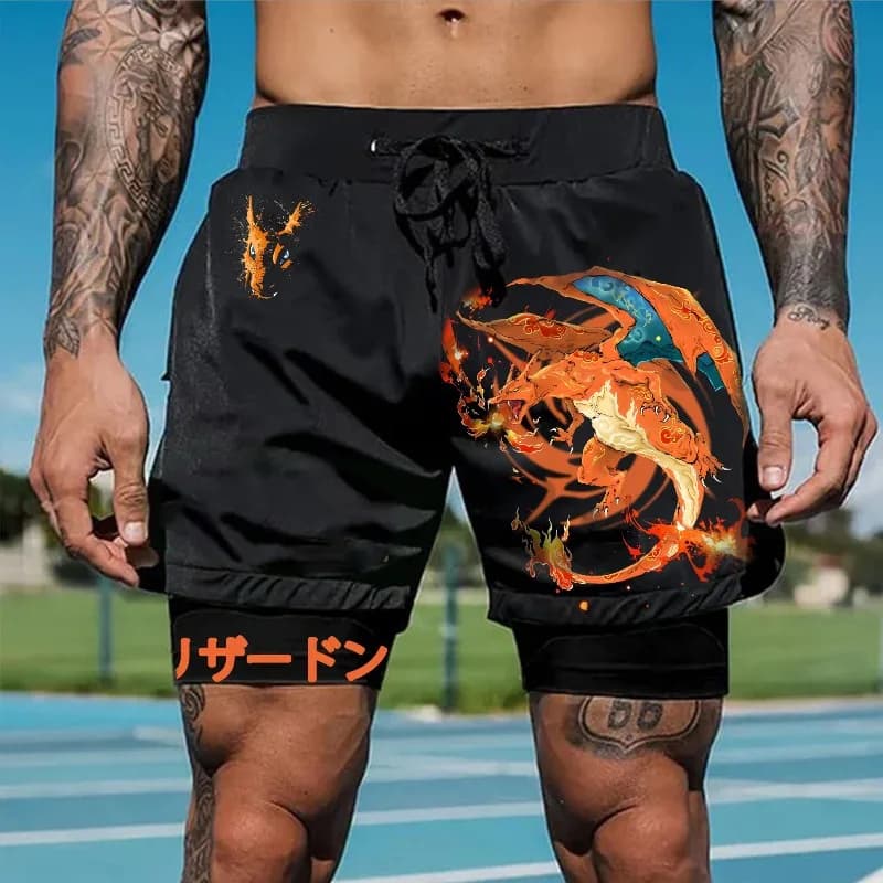 Anime giapponesi Pokémon Pantaloncini estivi 2 in 1 da uomo Charizard Tronchi grafici Uomo Palestra Pantaloncini a due piani Pantaloncini sportivi da basket