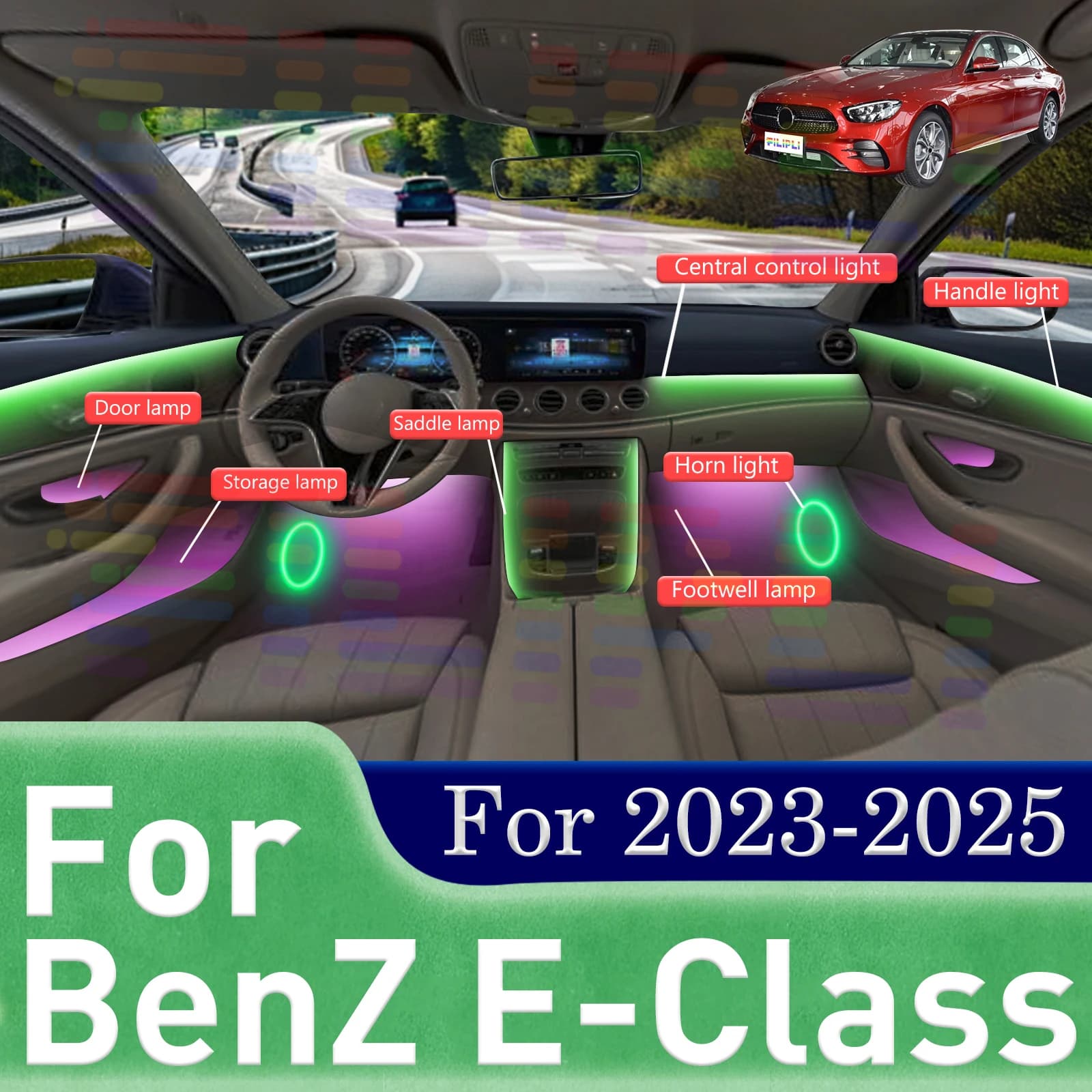 Per Benz Classe CLS E300 (2023) Eleganti strisce di illuminazione ambientale per interni auto a LED a 64 colori nascoste, materiale acrilico e collegate con APP