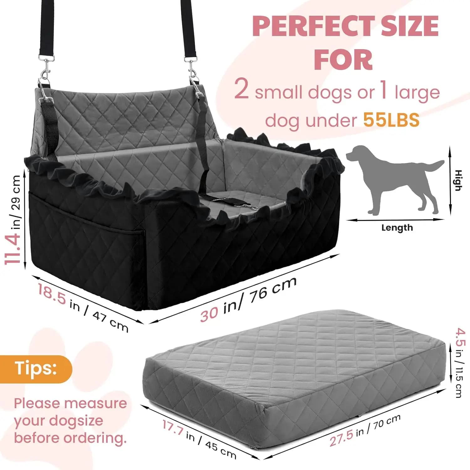 Large/Medium Dog Seat Non-Slip Removable Washable Pet Car Seat 2 Safety Leashes Travel Pet Bed-for Dogs 55lbs Black