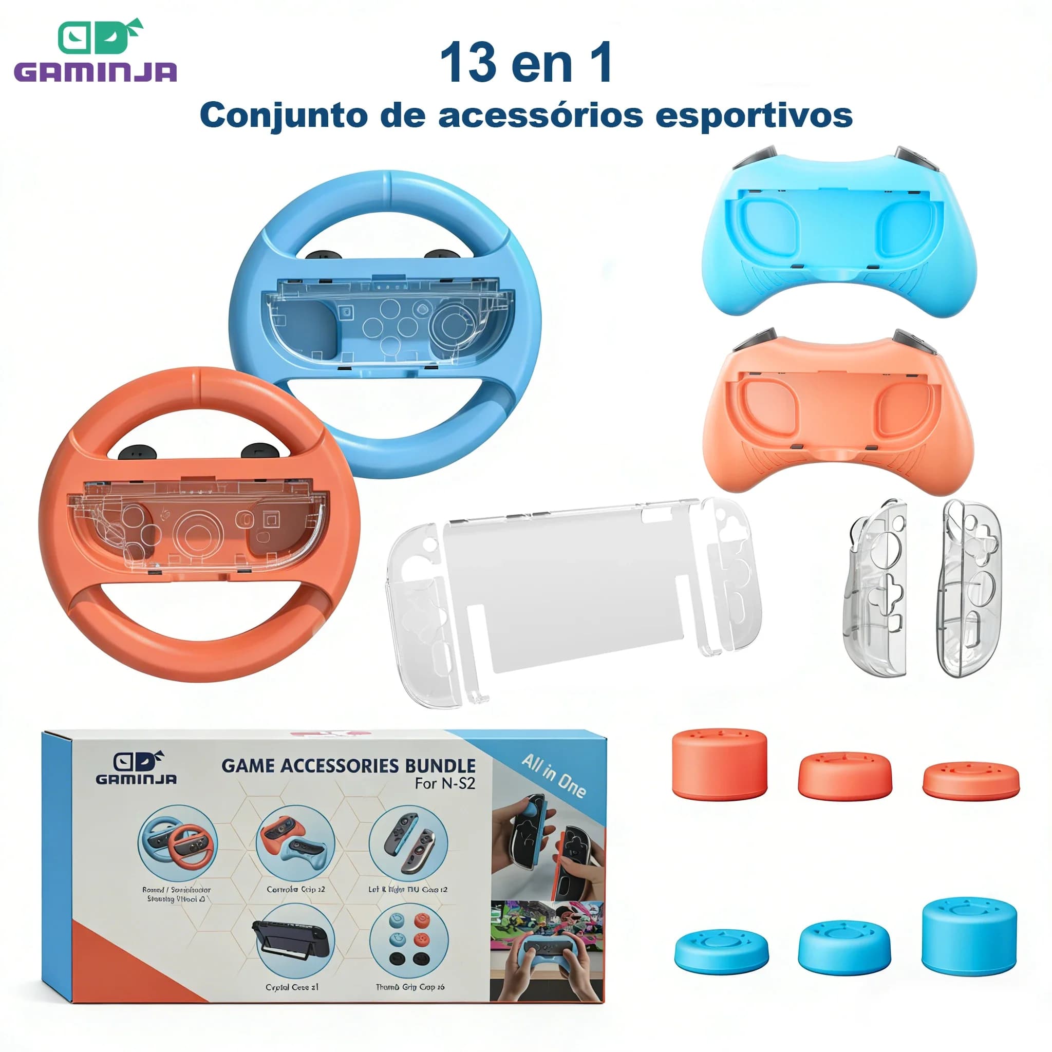 GAMINJA per NS Switch 2, Set 13 in 1 di Accessori Sportivi con Volante, Copri Analogico, Custodia in Cristallo e Impugnatura per Controller