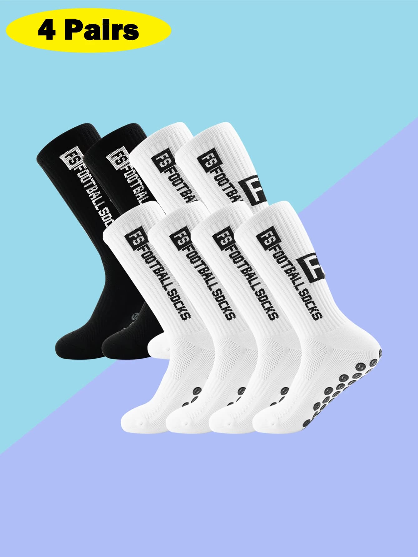 4 Pairs Men's Soccer Socks with Grip, Non Slip Anti Slip Athletic Socks with Cushion Pads for Football/Basketball/Hockey