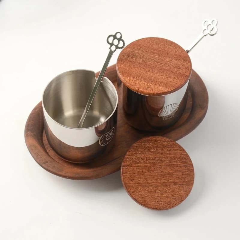 Set di barattoli di spezie in acciaio inossidabile con vassoio in legno, organizer da cucina, saliere e pepe, contenitori per condimenti per la casa