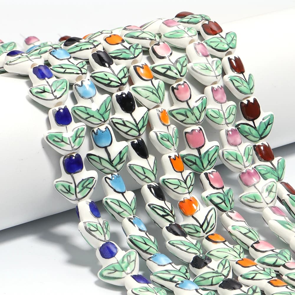2 pz/lotto Fiore di Tulipano Perline di Ceramica Multicolor Dipinto A Mano Perline di Porcellana Allentate Per La Produzione di Gioielli Braccialetti FAI DA TE Accessori