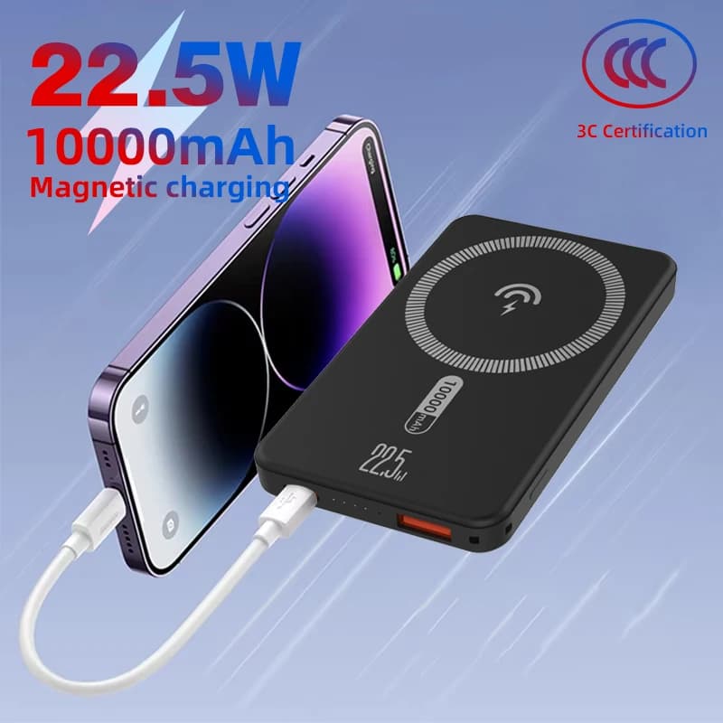 MQIQI 10000mAh Wireless Magnetic Power Bank PD22.5W Fast Charging Portable External Rechargeable Battery for iPhone 17 Samsung