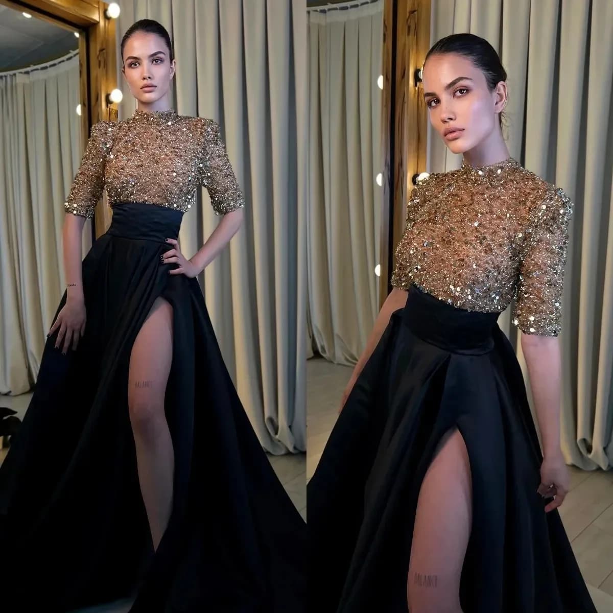 Elegante abito da ballo nero con collo alto e paillettes divise, abito formale da sera in raso con maniche corte per occasioni speciali personalizzato