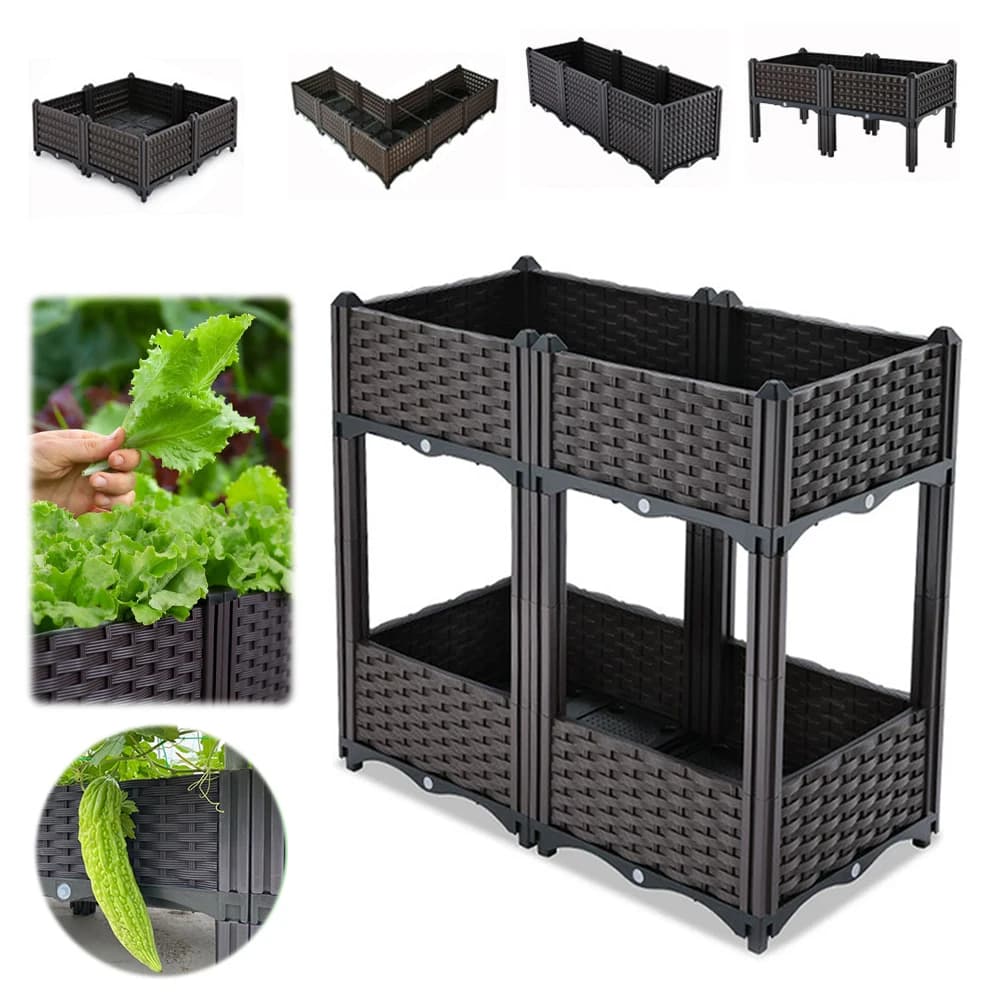 Fioriera a 2 livelli per balcone con vassoio di raccolta acqua, fioriera in plastica riutilizzabile, orto rialzato per fiori, pomodori ed erbe aromatiche