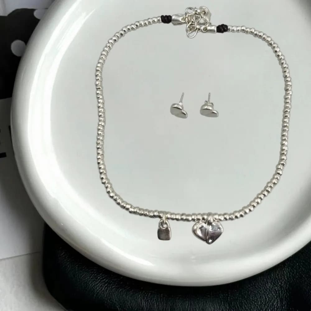 2026 Spring Versatile Fashion Silver Heart Earrings Necklace Jewelry Two Piece Surprise Gift Set