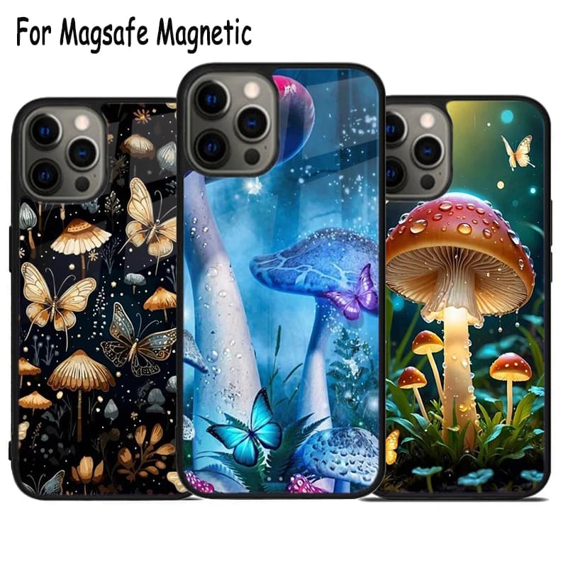Bellissima Cover Wireless per iPhone con Fungo e Farfalla, Compatibile con Magsafe, per iPhone 17 Air 15 16 16e 14 13 11 12 Pro Max Plus