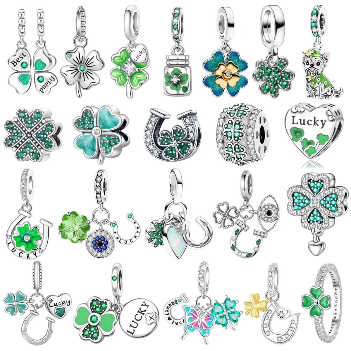 Ciondoli portafortuna in argento sterling 925 verde quadrifoglio a ferro di cavallo orecchini con perline ciondolo bracciali originali collane gioielli fai da te