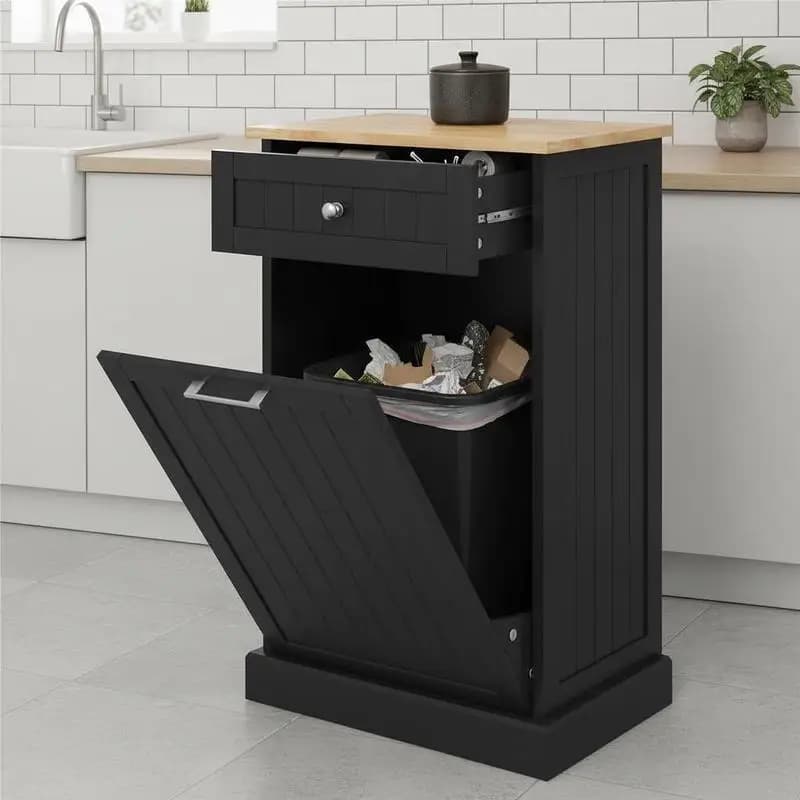 Kitchen Tilt Out Trash Bin Cabinet, Free Standing Recycling Cabinet, Trash Can Holder with Drawer, Black
