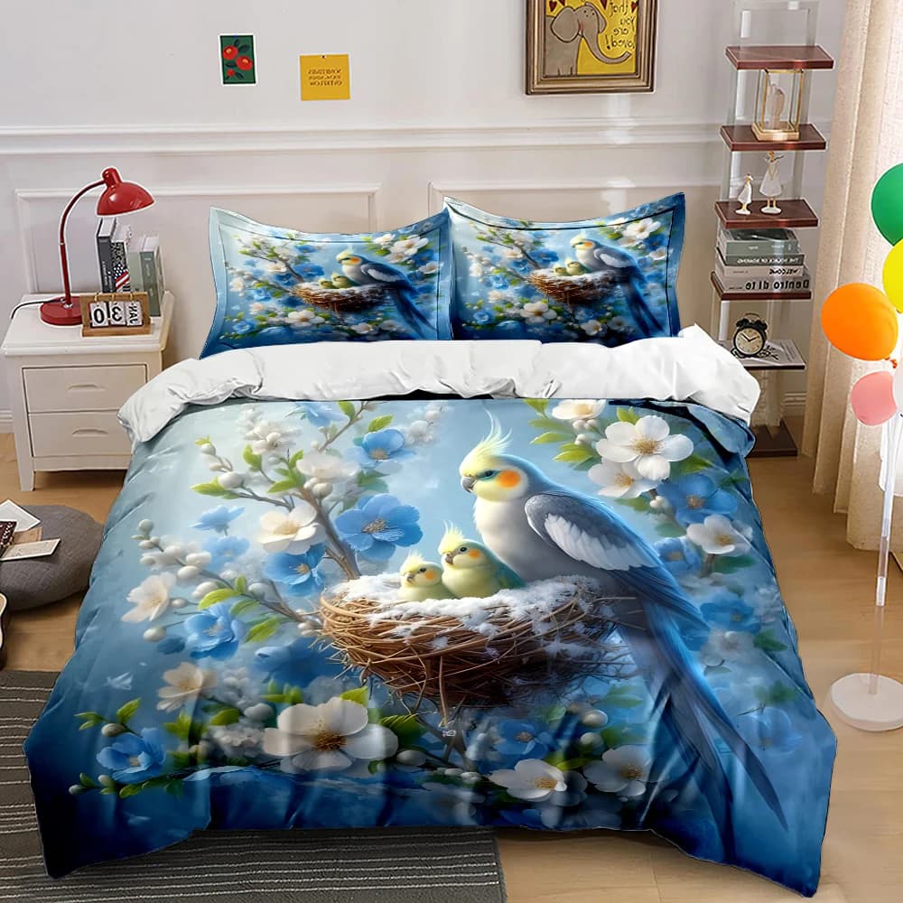 Set di biancheria da letto con stampa di nidi e pappagalli tra fiori blu, morbido e confortevole, include 1 copripiumino e 2 federe.