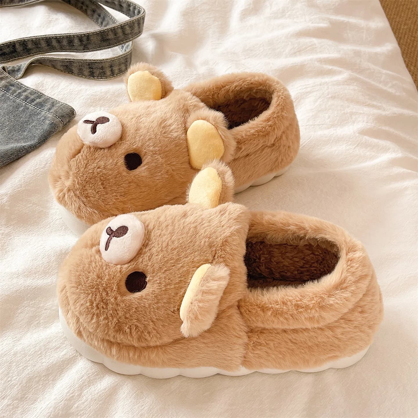 Pantofole Calde in Cotone per Interni, Antiscivolo, con Suola Spessa, Orsetto Carino in Peluche, con Tallone Avvolgente, per Uomo e Donna