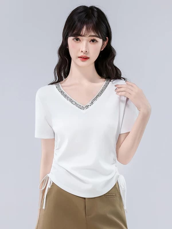 White Slim Fit V-Neck Short Sleeve T-Shirt Women's Summer Fashion 2026 Drawstring Top Shoulder Width Regular Cotton 100%