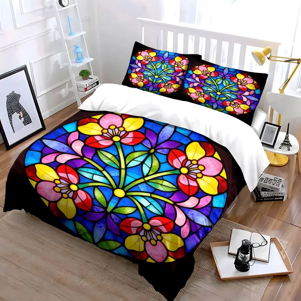 Set di biancheria da letto con copripiumino morbido e confortevole in vetro artistico floreale colorato, include 1 copripiumino e 2 federe, regalo