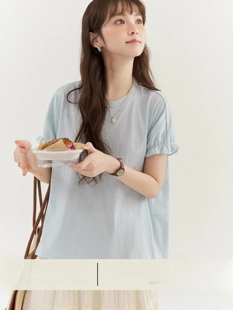 Loose Short Sleeve Blue T-Shirt Women's Summer New Style Slimming Versatile Top North Island AMUU Original Design Commute Style