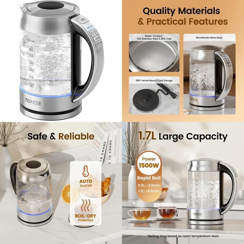 1.7 liters glass electric kettle with 6 temperature settings, automatic shutdown, protection against dry boiling, without BPA, 1500 W, silver