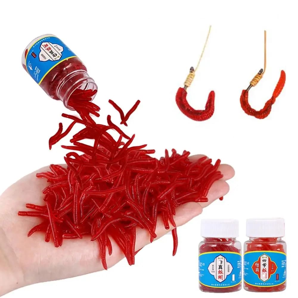 100 pz/bottiglia Realistico Affrontare Richiamo Morbido Bass Orata Bloodworm Richiamo di Pesca Lombrico Verme Gomma Vermi Rossi Esche Odore di Pesce