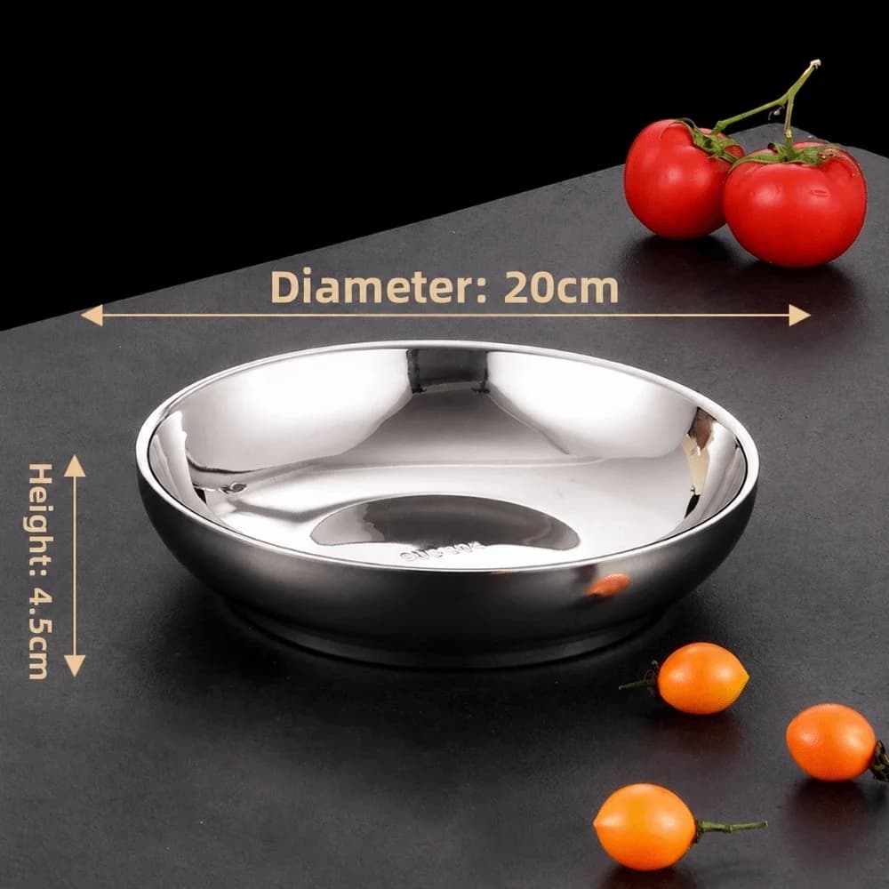 New Thickened 304 Stainless Steel Plate Silver Color Round Shape Shallow Serving Tray Flat Bottom Food Containers Utensils
