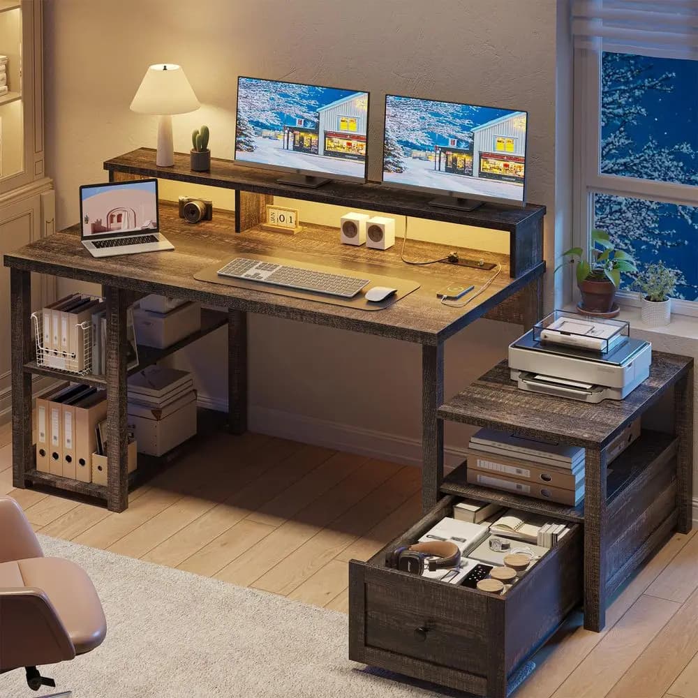 60.4 Computer Desk with Drawer, Office Desk with Monitor Stand, Farmhouse Study Desk with Power Outlet amp LED Light, Writing D