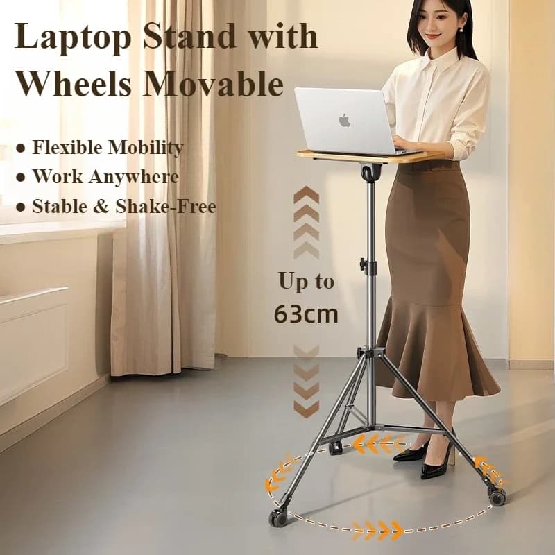 Eary Supporto per laptop in legno Supporto da pavimento per treppiede portatile Scrivanie stand up mobili con ruote Scrivanie roulanti per ufficio domestico da 32-57 pollici di altezza