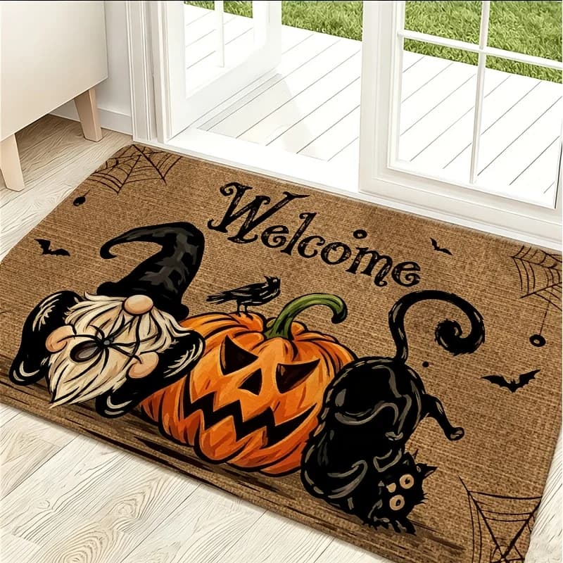 Halloween Gnome Black Cat Pumpkin Rug back door garden yard patio terrace seasonal decorative floor mat kitchen mat rug