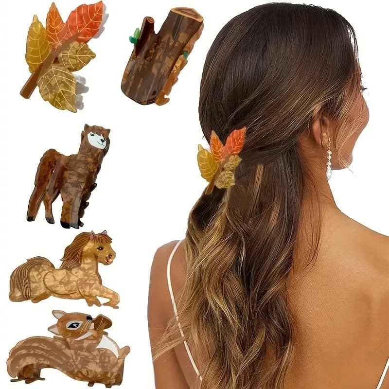 Fermagli per capelli serie Animali: Graziosi fermagli a forma di Alpaca, Scoiattolo, Squalo, per coda di cavallo, Foglia, Tronco, Autunno, Maillade ColorPalette