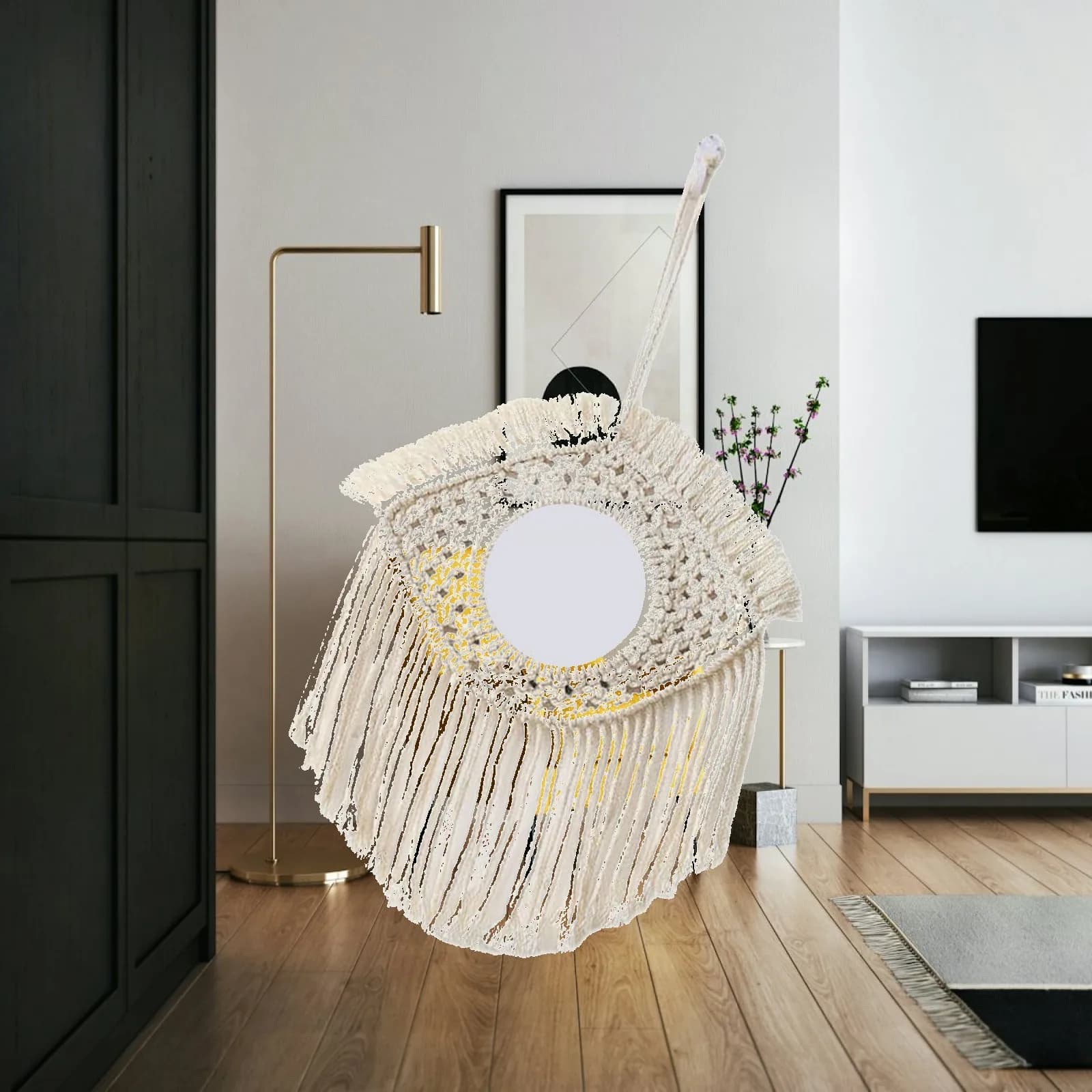 Boho Macrame Wall Hanging Mirror Woven Tapestry Frameless Wall Decoration for Bedroom Living Room Home Art