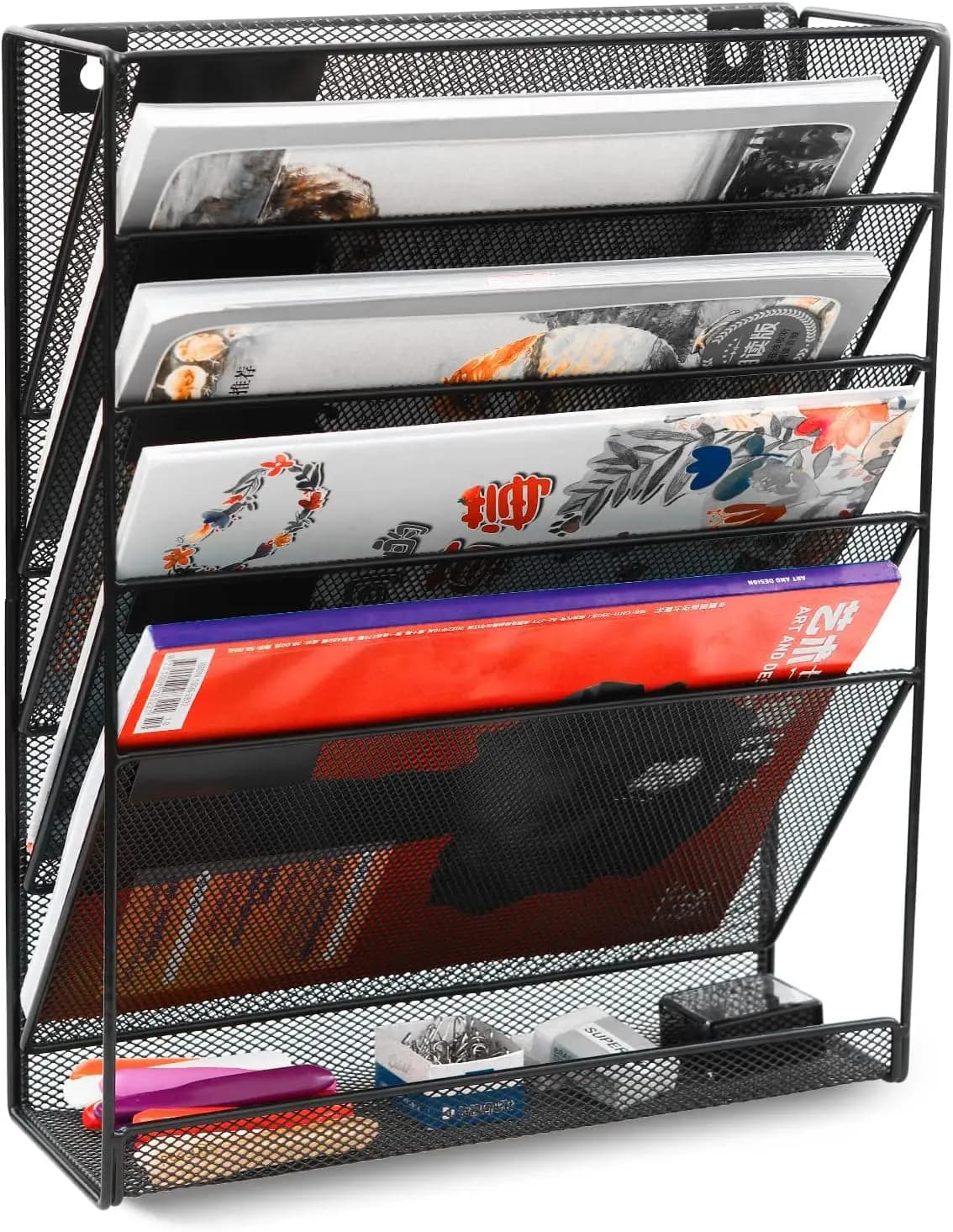 Organizzatore da Parete a 5 Livelli, Portadocumenti in Rete con Etichette, Versatile per Scrivania e Montaggio Verticale, per Ufficio e Casa, Nero