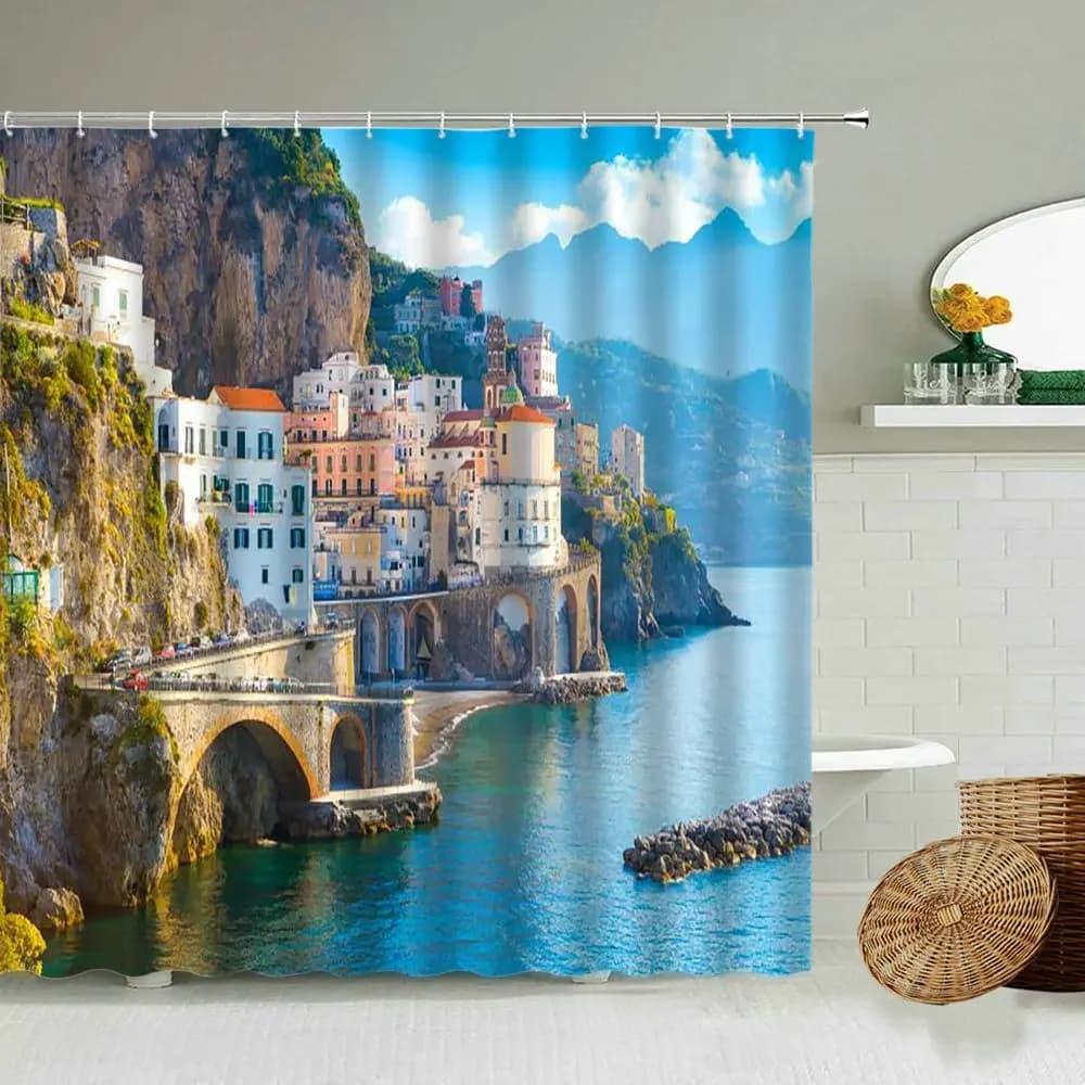 Tenda da doccia con paesaggio costiero europeo, decorazione per bagno con paesaggio naturale, schermo per vasca con ganci