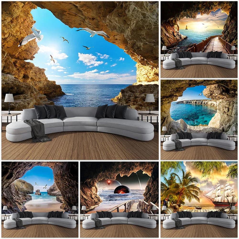 Mountain Cave Landscape Tapestry Ocean Birds Coconut Tree Sailing Beach Nature Scenery Tapestries Home Garden Dorm Bedroom Decor