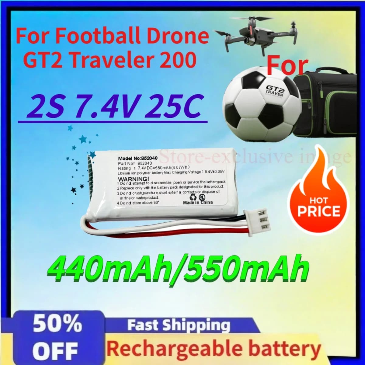 Batteria ricaricabile ai polimeri di litio 440mAh/550mAh 2S 7.4V 25C per drone da calcio GT2 Traveler 200, accessori batteria