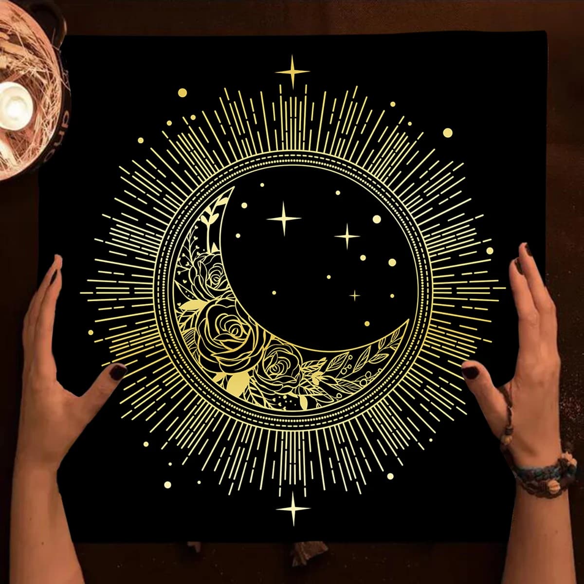 Tovaglia per divinazione Golden Moon per tarocchi Panno per altare nero Stregoneria Astrologia Carte Oracle Pad Strega Home Room Decor